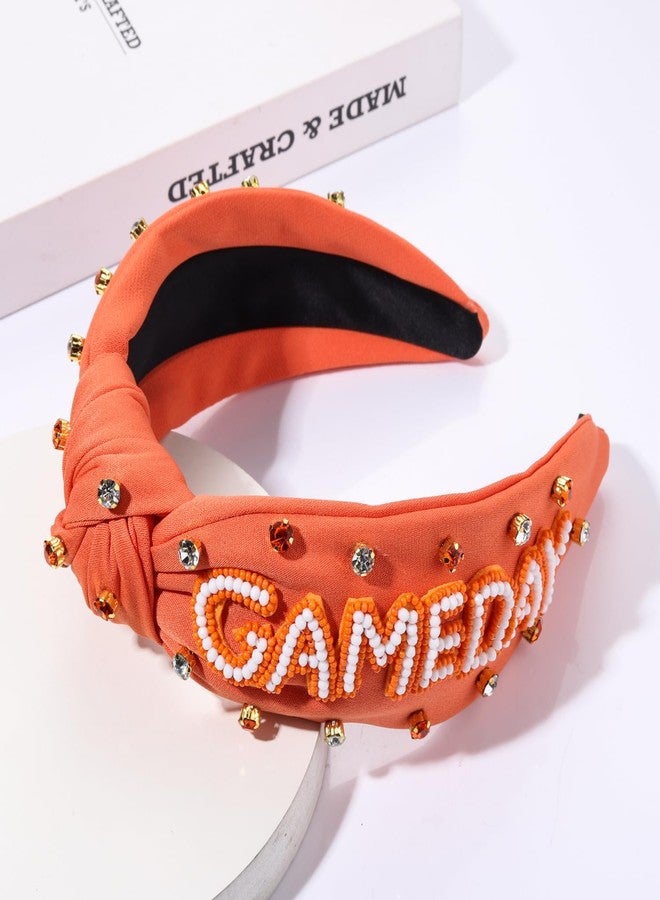 YAHPERN Game Day Headband, Crystal Pearl Knotted Jeweled Top Knot Headband for Women, Sports Baseball Football Hair Accessories (Orange, 1 Count) - Image 2
